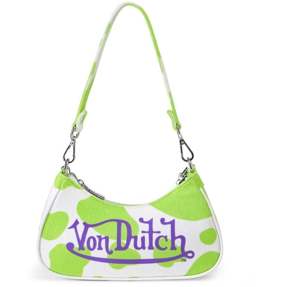 Von Dutch Vegan Pony Hair Lime Green Cow Shoulder Hand Bag with Purple Logo - Picture 2 of 14